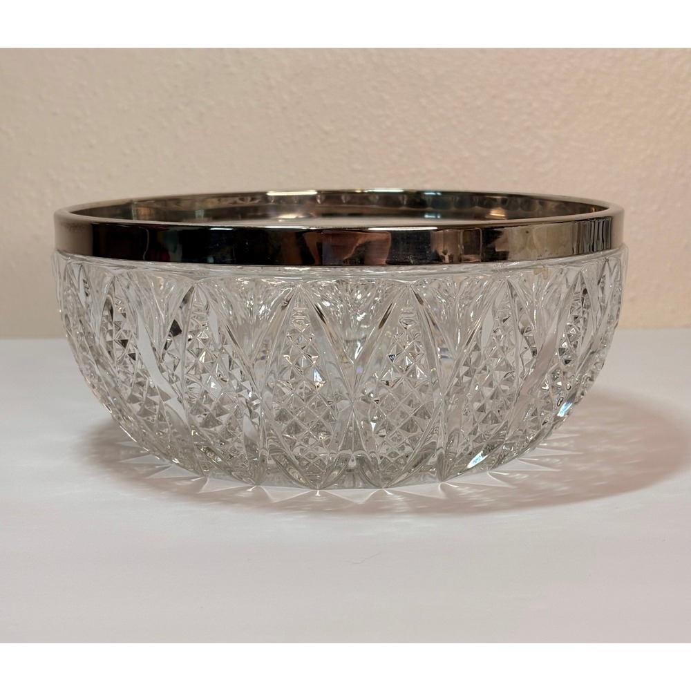 Unbranded Cut Glass Bowl Unisex Medium Clear Good Silver Rim Diamond Pattern